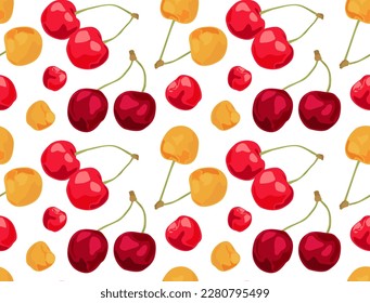 Cherry red, yellow and burgundy with and without twigs. Seamless pattern in vector. Suitable for prints and backgrounds. Sweet food.