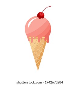 cherry refreshing ice cream with cherry berries in a waffle cup. Vector illustration. Colorful ice cream ball in pastel colors Delicious frozen dessert. Refreshing frozen dessert. vector illustration 