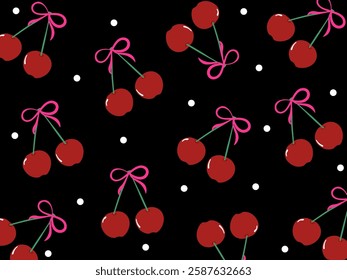 Cherry with ribbon background. Black background and white dots. 