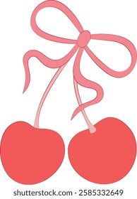 Cherry with ribbon bow. Сoquette aestetic. Isolated vector illustration