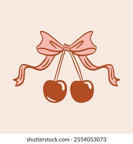 Cherry with a ribbon bow in coquette aesthetics. Hand draw vector illustration for posters, logo, cards, t-shirt print, etc.