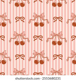 Cherry with a ribbon bow in a coquette style. Cute trendy line art doodles. Vintage seamless pattern Valentine's Day.