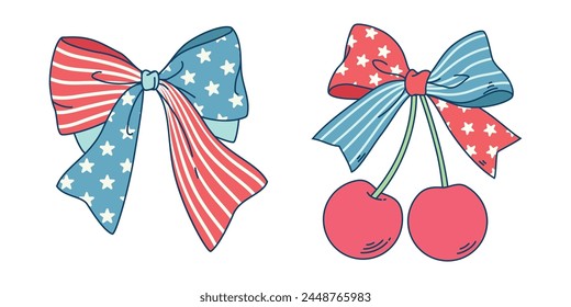 Cherry and ribbon illustration. Coquette cherries with ribbon bow. This illustration has an American Independence Day theme.