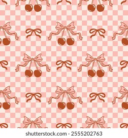 Cherry with ribbon pink bow on Gingham background in retro vintage style. Vector seamless girly pattern in coquette aesthetics.