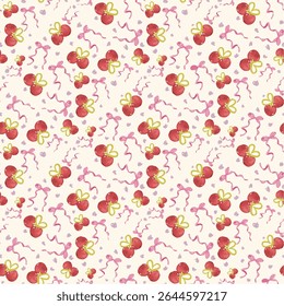Cherry with ribbon seamless pattern, fun and pink color cute girl and kid coquette style, for wallpaper, backdrop, background, textile. eps file