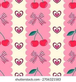 Cherry and ribbon valentine stripe pattern with cute hearts and scalloped pink borders for background 
