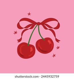 cherry, ribbons, bow, coquette, girly seamless pattern background, print, pattern, greeting card, banners, web, wrapping paper, fashion, fabric, textile, wallpaper, cover