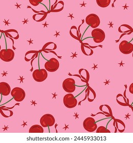 cherry, ribbons, bow, coquette, girly seamless pattern background, print, pattern, greeting card, banners, web, wrapping paper, fashion, fabric, textile, wallpaper, cover