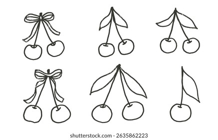Cherry with ribbons crayon drawn set. Coquette berries with bows and leaves doodle isolated on white background. Fruits grunge line textured elements. Vector kid naive illustration by pencil.