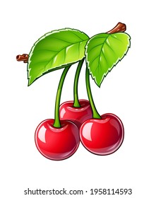 Cherry. Ripe juicy berry. Red fruit with leaf, Isolated on white background. Eps10 vector illustration.