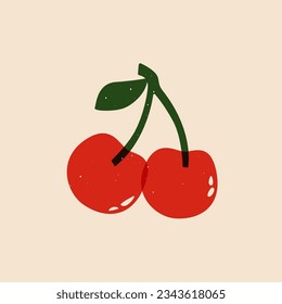 Cherry risograph sketch. Abstract natural ripe cherry berry, cartoon merry sign linocut print effect. Vector illustration