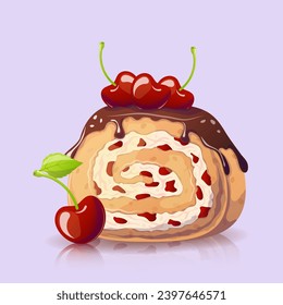 Cherry roll in cartoon style on purple background. Vector illustration for poster, banner, website, advertisement. Vector illustration with colorful sweet dessert. Vector illustration