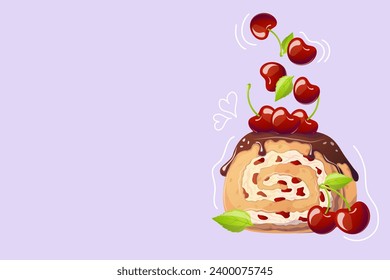 Cherry roll in cartoon style on purple background. Doodle. Vector illustration for poster, banner, website, advertisement. Vector illustration with colorful sweet dessert. Vector illustration