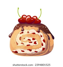 Cherry roll in cartoon style. Vector illustration for poster, banner, website, advertising. Vector illustration with colorful sweet dessert.