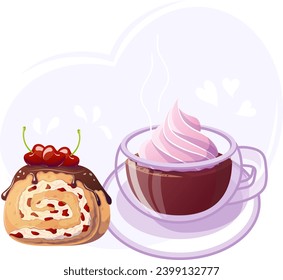 Cherry roll and mug of hot cocoa in cartoon style. Doodle. Vector illustration for poster, banner, website, advertisement. Vector illustration with colorful sweet dessert. Vector illustration