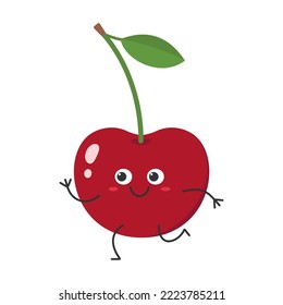 Cherry running cute character cartoon juicy fruit smile face kawaii joy happy emotions icon vector illustration.