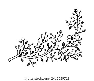 Cherry, sakura, almond, apple, plum spring blossom in line art style. Japanese flower ranch sketch. Outline hand drawn simple illustration. Design element for wedding invitation, tattoo designs