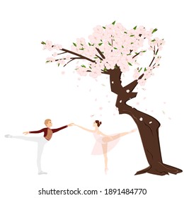 Cherry sakura blossom branch and ballet dancers, ballerina, falling petals, tree. Flowers and petals. Pink asian vector art.