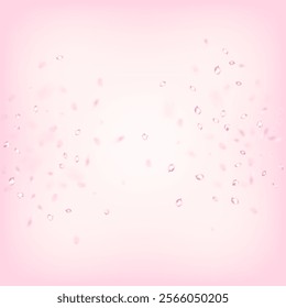 Cherry Sakura Blossom Confetti. Falling Japanese Cherry Rose Sakura Petals Frame. Windy Leaves Confetti Border. Blooming Cosmetics Ad Noble Floral Background. Female Rich VIP Pastel Pattern.