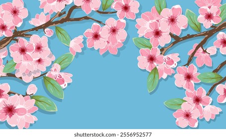 Cherry Sakura  blossom with flowers petal tree trendy background, banner, web. Spring vector templates poster, invitation, card, flyer, cover, placard, brochure, social media, sale, advertising