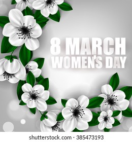Cherry sakura blossom Postcard of congratulation on 8 March Women's Day Invitation. Inscription happy 8 March Women's Day. Chamomile flowers 