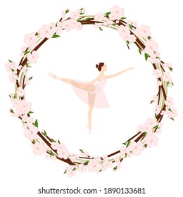 Cherry sakura blossom wreath and ballerina, blooming branch tree. Flowers and petals. Pink asian vector art, ballet dance.