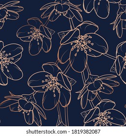 Cherry, sakura flowers bloom blossom seamless pattern texture. Copper gold shiny glow outline. Navy dark blue background.