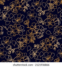 Cherry, sakura flowers bloom blossom seamless pattern texture. Copper gold shiny glow outline. Navy dark blue background.