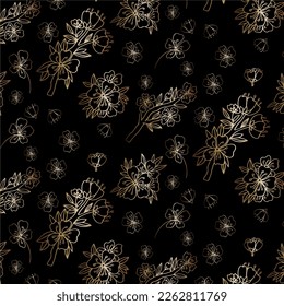 Cherry, sakura flowers bloom blossom seamless pattern texture. Copper gold shiny glow outline. Navy dark blue background.