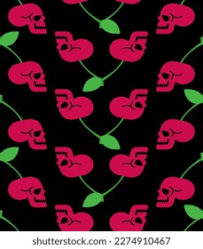 Cherry Scull pattern seamless. Cherries skeleton head background. Vector texture