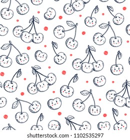 Cherry seamles pattern. Cute pattern of hand drawn doodle elements. Hand drawn vector illustration. Cute smile cherry sketch.