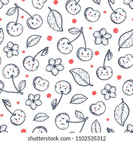Cherry seamles pattern. Cute pattern of hand drawn doodle elements. Hand drawn vector illustration. Cute smile cherry sketch.