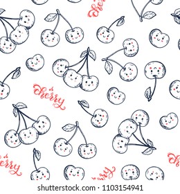 Cherry seamles pattern. Cute pattern of hand drawn doodle elements. Hand drawn vector illustration. Cute smile cherry sketch.