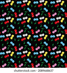 Cherry seamless floral pattern in vector, red and blue background