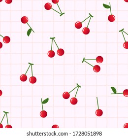Cherry seamless on grid cells background vector illustration.