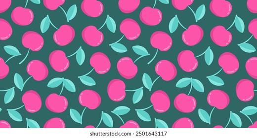 Cherry seamless pattern with berries and leaves on green background. Flat vector illustration.