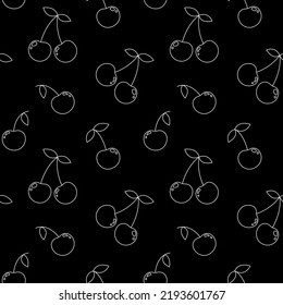 Cherry seamless pattern. Cherry berries on a black background. Vector illustration.