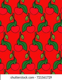 Cherry seamless pattern by hand drawing on red backgrounds.