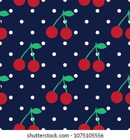 Cherry seamless pattern with dots, vector for modern t shirt print, embroidery patch and printing. Fashion graphic tee and printed tee. For boy girl fabric hand drawn background design
