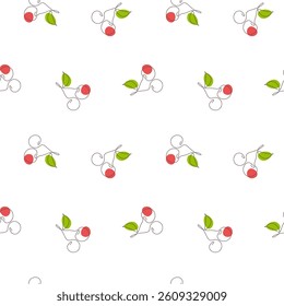 Cherry seamless pattern with elegant cherries berries in one continuous line drawing style. Summer vector seamless pattern. Perfect for dress, clothing, textile, packaging etc. Fashion print