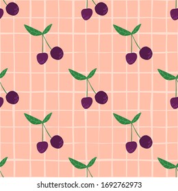 Cherry seamless pattern for fabric design. Cherries wallpaper on stripes background. Design for textile print, wrapping paper, kitchen textiles, cover.  Simple vector illustration