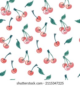 Cherry seamless pattern. Fresh Fruits, food, healthy food concept. Good for textile, wrapping, wallpapers, etc. Sweet red ripe cherries isolated on white background. Vector illustration.