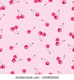 Cherry seamless pattern. Fruit background. Good for textile, wrapping, wallpapers, etc. Sweet ripe cherries. Vector illustration. 