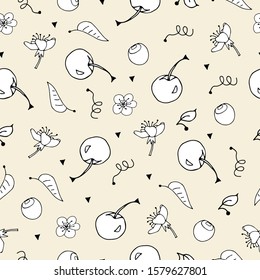 Cherry seamless pattern. Fruit background. Good food for textile, wrapping, wallpapers, texture, tablecloth, curtain or dishcloth. Sweet ripe cherries. Vector illustration. 