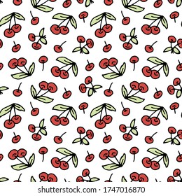 cherry seamless pattern. Fruit pattern. Summer cherries sweet fruit print.mall cherry red stickers same sizes ripe berries. tasty ornament for textile, scrapbook, packing, wrapping paper,	 