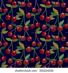 Cherry seamless pattern. Fruits textile collection. On dark blue. Backgrounds & textures shop.