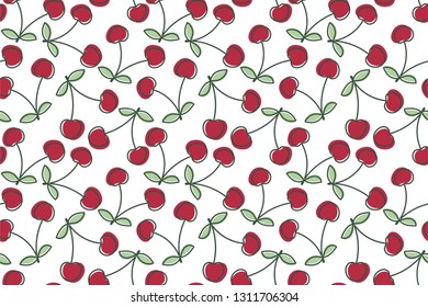 Cherry seamless pattern. Hand drawn fresh berry. Vector sketch background. Color doodle wallpaper. Bright print