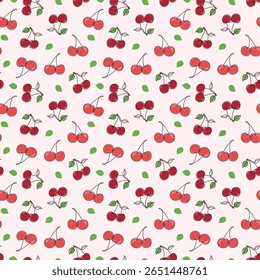 Cherry seamless pattern. Hand-drawn cartoon red cherries on pink background. Summer fruit doodle for packaging, textile, fabric or wrapping paper. Cherry Duo pattern.