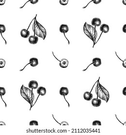 Cherry seamless pattern. Ink sketch. Hand drawn vector illustration. Retro style.