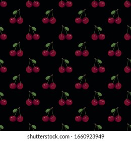 Cherry seamless pattern; juicy cherry with leaves on black background for fabric, wallpaper, packaging, textile, web design.